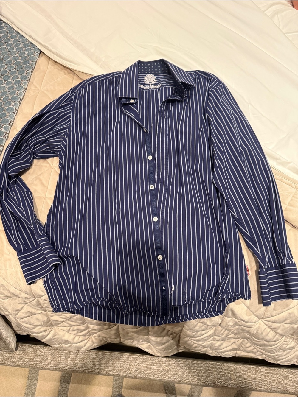 English Laundry Men's Navy Blue and White Vertical Stripe Button-Down Shirt